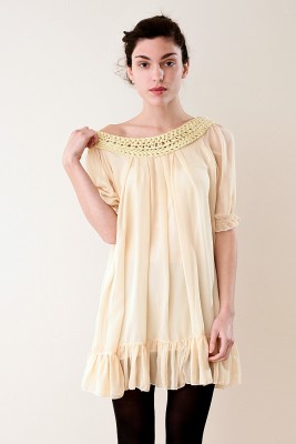 Yellow Cream Mini Dress Crochet Neck Ruffle Hem XS S M L