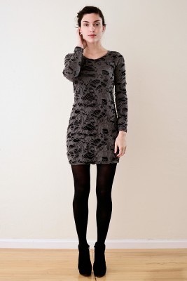 Shredded Long Sleeves Mini Dress Grey (fits S M L)