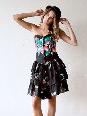 Vintage Lace-Up Corset Ruffled Dress XXS XS